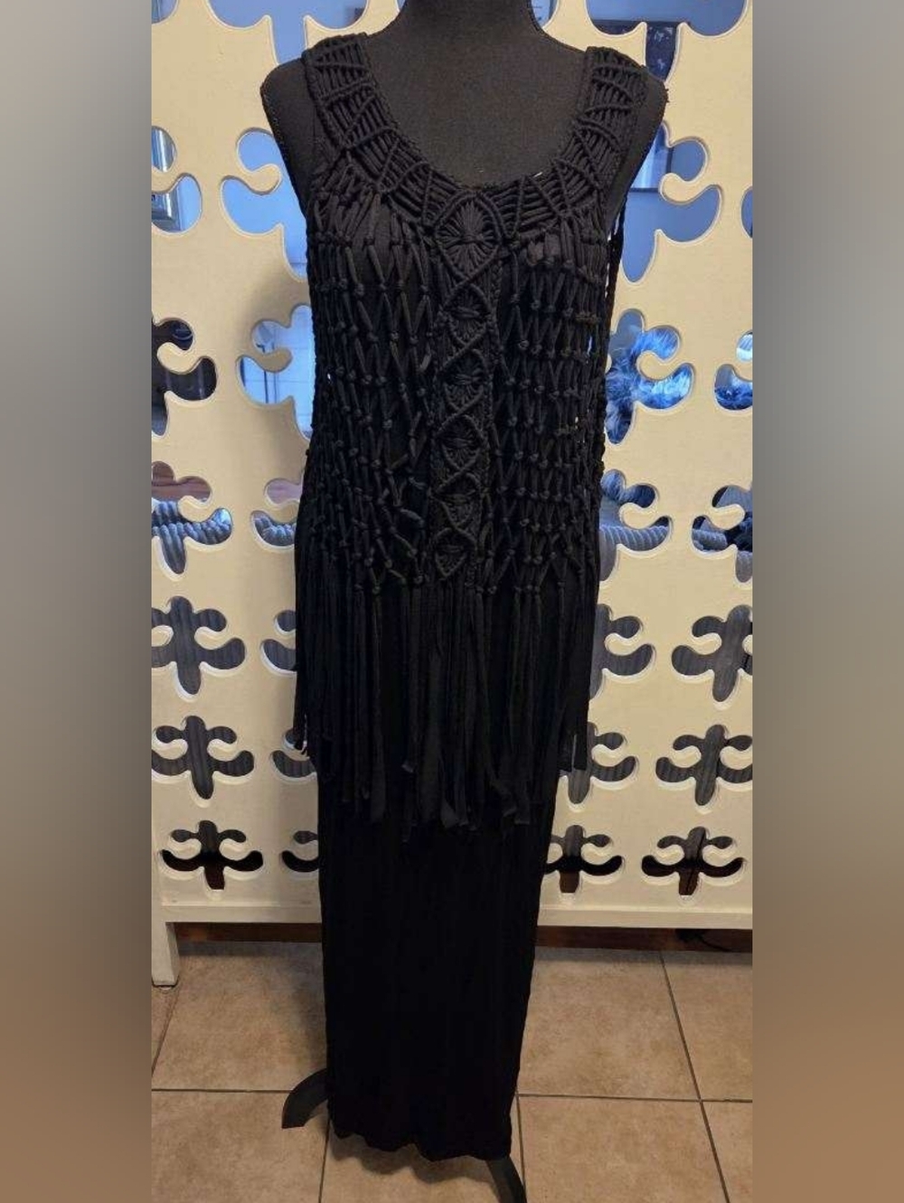Black Macramé Fringe Maxi Dress